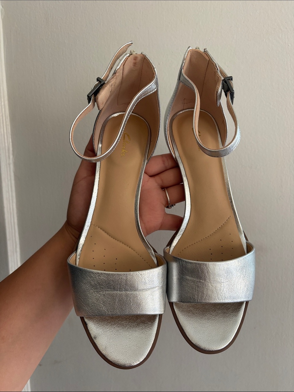 Clarks Silver Metallic Open-Toe Ankle-Strap Heels